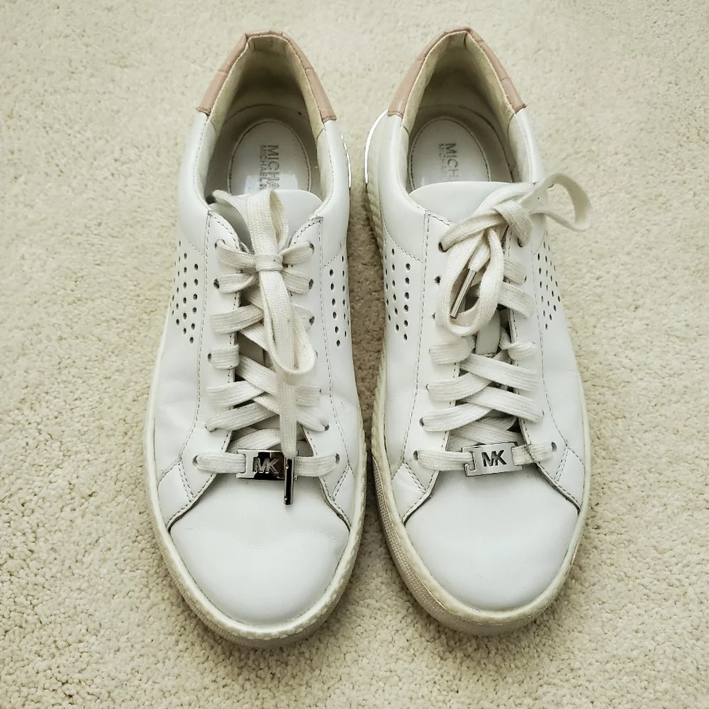 Michael Kors Codie Lace Up Optic White Leather Sneakers with Croc Accent sz8